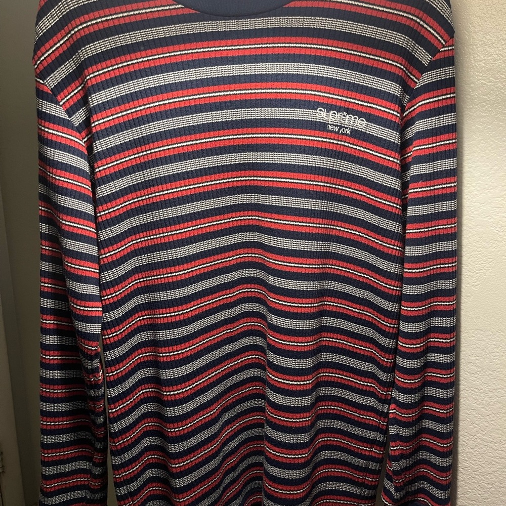 Supreme Red and Blue Striped Crewneck